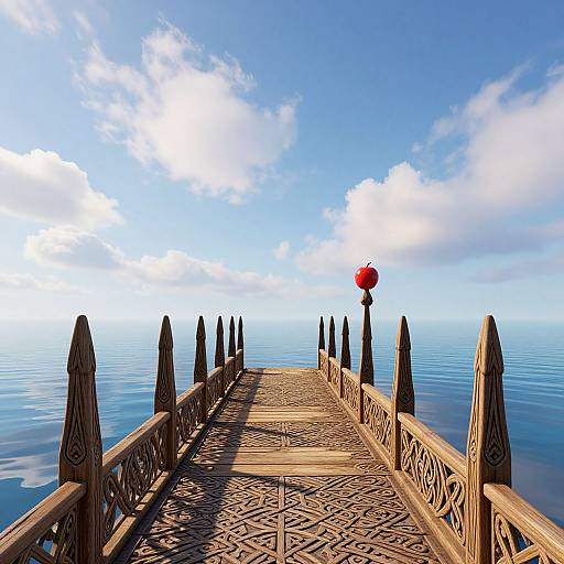 Wooden, intricately patterned pier extending into calm blue water under a bright, cloud-dotted sky, with a red lantern at the end.