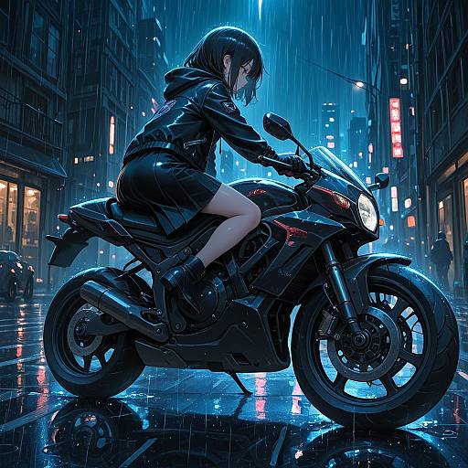 Girl on Motorcycle in Rainy City