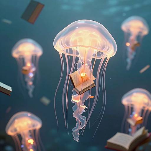 Photograph of glowing jellyfish with books floating inside, illuminated in a deep blue underwater scene, surrounded by other luminous jellyfish.