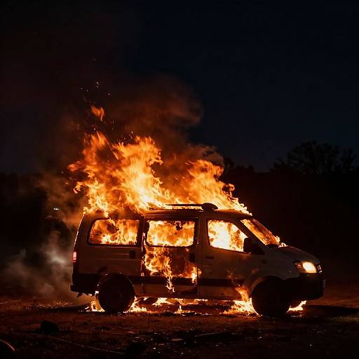 Van Engulfed in Flames at Night