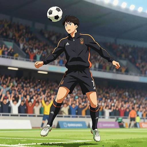 Digital anime-style illustration of a male soccer player in a black uniform mid-air, head down, controlling a soccer ball in a packed stadium.