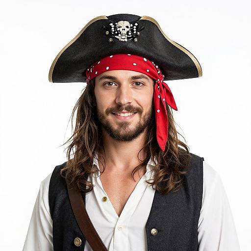 Photograph of a smiling man with long brown hair, beard, wearing a black pirate hat, red bandana, white shirt, black vest, against