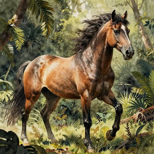 Photorealistic digital painting of a muscular, brown horse with a black mane and tail, galloping through a lush, sunlit forest.