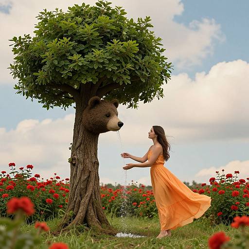 Photograph of a woman in an orange dress offering water to a tree with a bear's head, surrounded by red flowers under a blue sky.