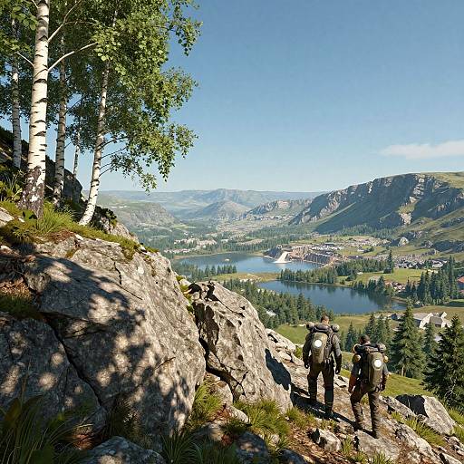 Photograph of two hikers with backpacks on rocky mountain trail, overlooking a scenic valley with lake, trees, and distant village. Clear blue sky