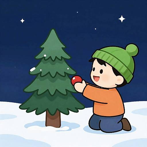 Cheerful Boy in Snow with Tree