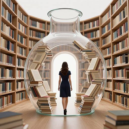 Surreal Library with Woman and Klein Bottle Structure