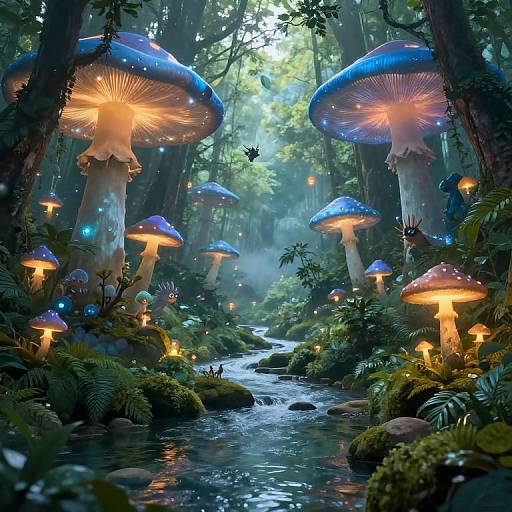 Enchanted forest scene: large, glowing blue and orange mushrooms surround a misty, moonlit stream, illuminated by fireflies and fairy lights.