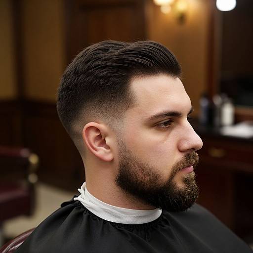 Photograph of a bearded man with a neatly styled, dark brown haircut, wearing a black barber cape, in a warmly lit barbershop.