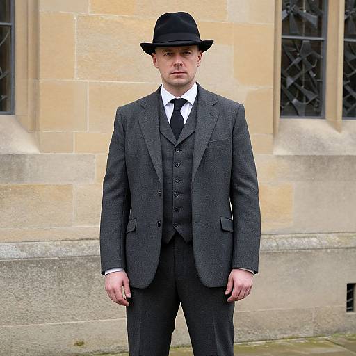 Photograph of a Caucasian man in a black fedora, gray three-piece suit, white shirt, black tie, standing in front of a beige stone