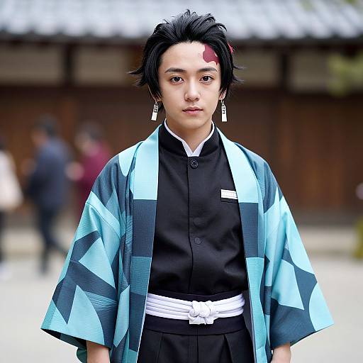 Digital anime-style portrait of a young person with short black hair, blue and black patterned kimono, black shirt, white belt, red forehead mark