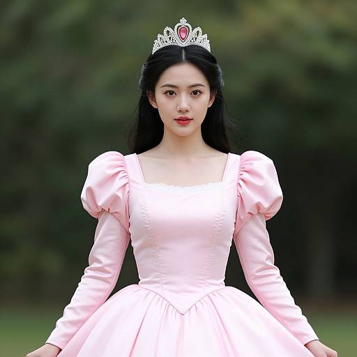 Photograph of an East Asian woman with long black hair, wearing a silver tiara, pink puffed-sleeve dress, and white skirt,