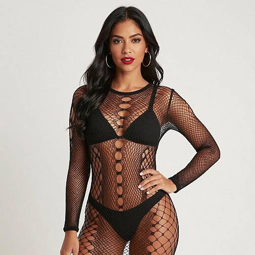 Confident Latina Woman in Fishnet Dress