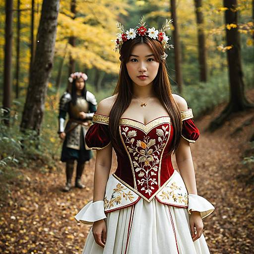 Asian Woman in Medieval Fantasy Dress in Autumn Forest