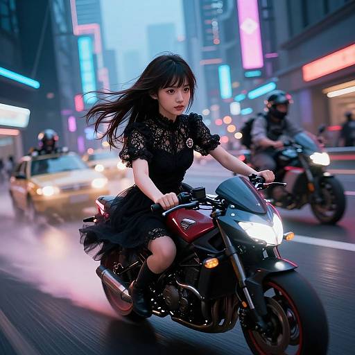 Photograph: Asian woman with long black hair rides a red motorcycle through a neon-lit, bustling city street, surrounded by other motorcyclists and