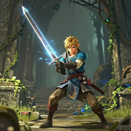 Digital artwork of a blond, elven warrior with blue tunic, holding a glowing sword, standing in a dark, overgrown ancient temple.