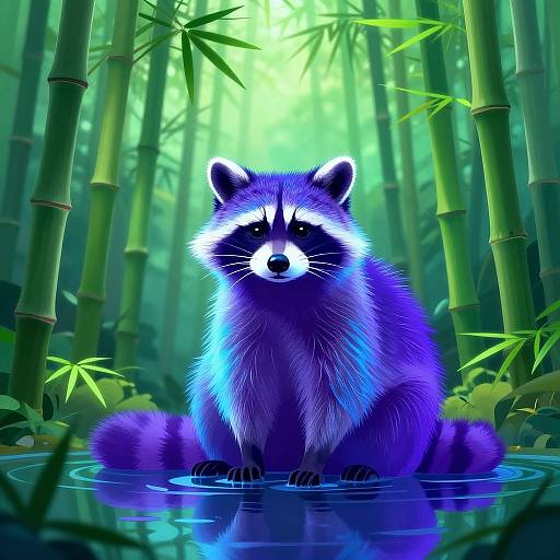 Digital illustration of a glowing, blue and purple raccoon sitting in a reflective green bamboo forest pond, with ripples around it.