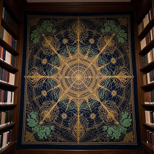 Detailed, ornate golden mandala with intricate patterns on dark blue, framed by bookshelves filled with books in a library.