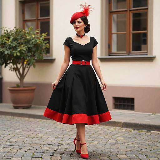 Vintage Woman in Red and Black Dress