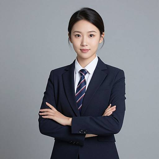 Photograph of an Asian woman with straight black hair in a professional black suit, white shirt, and striped tie, arms crossed, against a plain gray