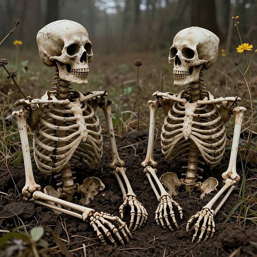 Photograph of two white skeletal figures sitting in a foggy forest, facing each other, with yellow wildflowers in the background.