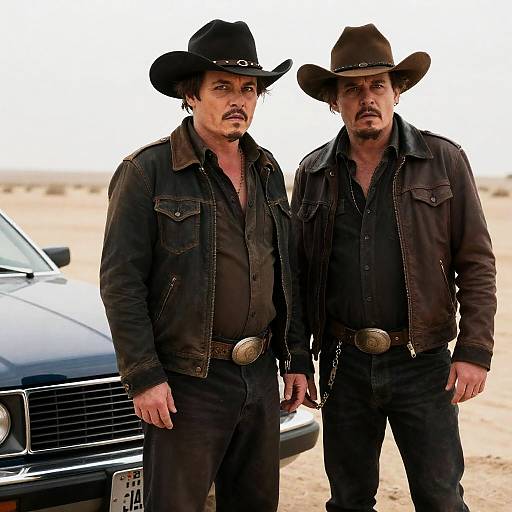 Photograph of two rugged, middle-aged men in black cowboy hats and leather jackets standing beside a black classic car in a desert. Both have serious expressions
