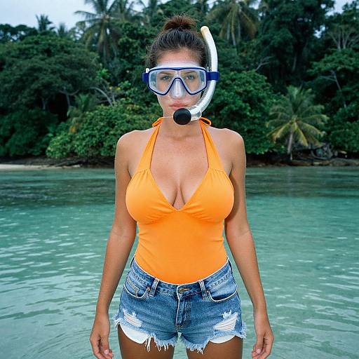 Photograph of a woman with tan skin and dark hair in a bun, wearing an orange halter top, frayed denim shorts, snorkeling mask