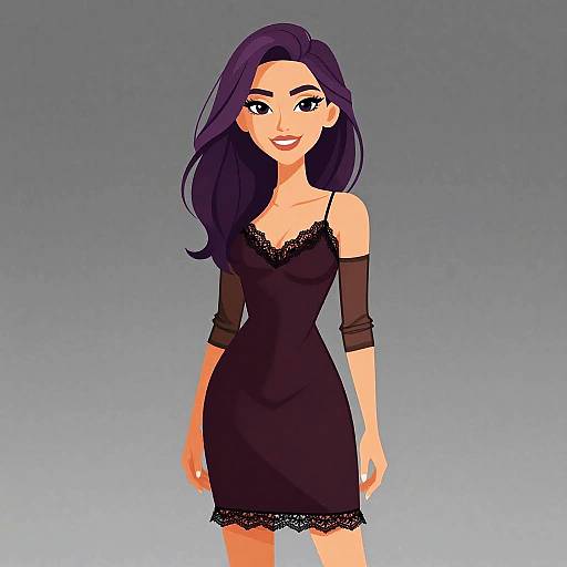 Digital illustration of a smiling woman with long purple hair, wearing a black lace-trimmed dress and black arm sleeves, standing against a gradient gray background