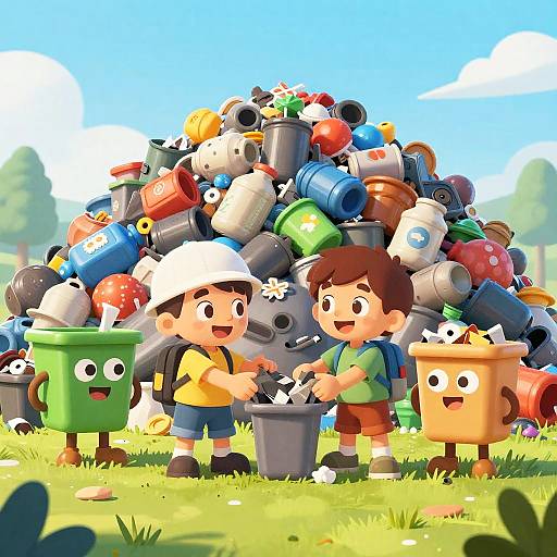Digital cartoon of two boys with white hats, one green and one orange trash can, collecting recyclables by a colorful, giant trash pile. Bright,
