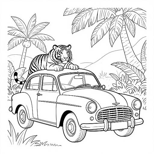 Black-and-white line drawing of a tiger driving a vintage car with palm trees in the background, leaning out of the window.
