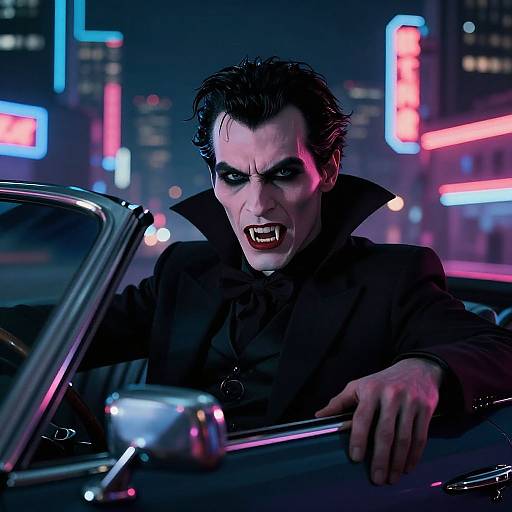 Photograph-style digital art of Joker in a dark suit, with wild hair and makeup, grimacing in a neon-lit city, leaning on a