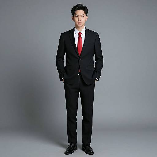 Photograph of an Asian man with short black hair, wearing a black suit, white shirt, and red tie, standing against a gray background.