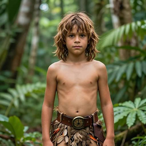 Photograph of a young boy with shoulder-length, messy brown hair, shirtless, wearing a feathered loincloth in a lush, green jungle