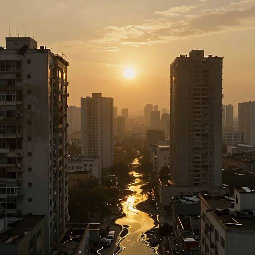 Photograph of a cityscape at sunset, featuring tall buildings silhouetted against a golden sky, with a winding river reflecting sunlight in the foreground