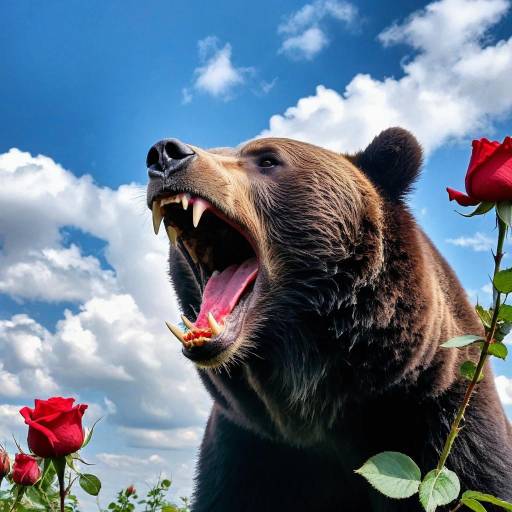 Majestic Bear Surrounded by Red Roses
