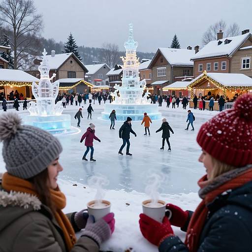 Photograph of a snowy outdoor ice-skating rink at a festive Christmas market, with brightly lit wooden stalls, people skating, and two women in