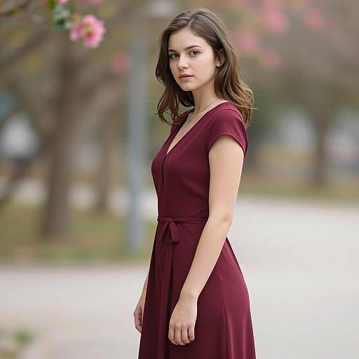 Realistic Portrait in Burgundy Dress