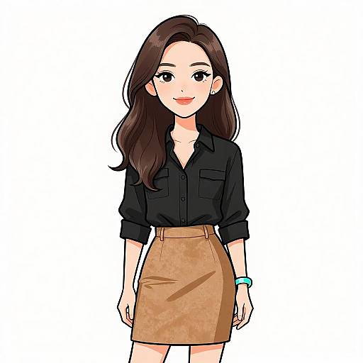 Stylish Woman in Black Blouse and Tan Skirt