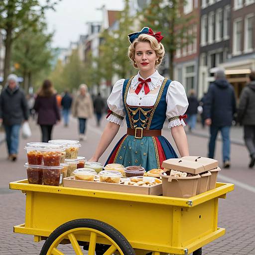 Woman in Traditional Dutch Costume with Food Cart in Amsterdam