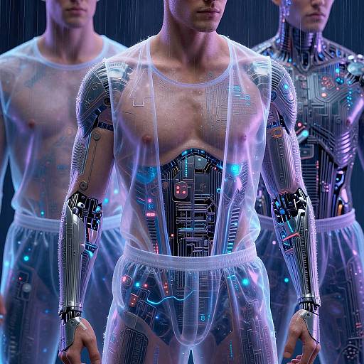 Photograph of three muscular, cybernetic, transparent male figures with glowing circuit patterns, standing in a dark, rainy background.