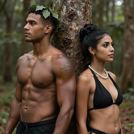 Muscular Man and Woman Standing Back to Back by Tree in Forest