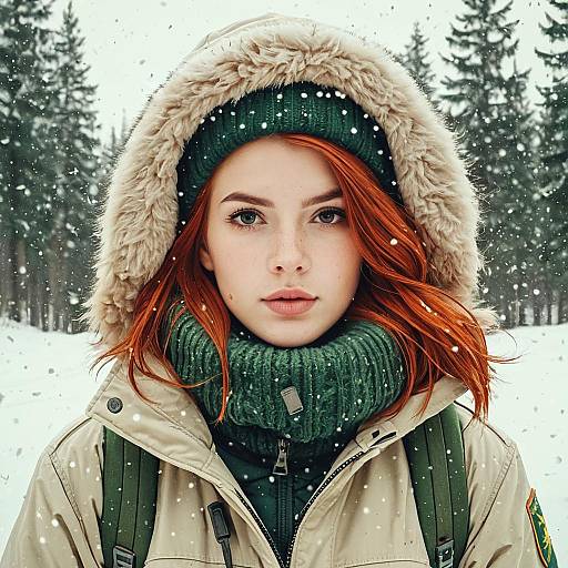 Red-haired Woman in Winter Gear in Snowy Forest