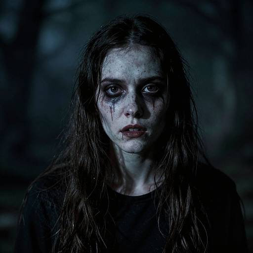 Photograph of a pale, haunting woman with long, wet brown hair, dark smudged makeup, blood on her face, and intense blue eyes