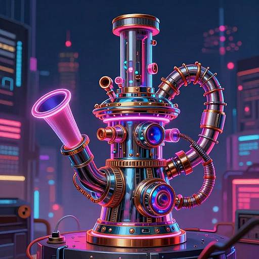 Neon-lit, cyberpunk-style robotic pipe organ with glowing pink and blue lights, intricate metallic pipes, and futuristic cityscape background.