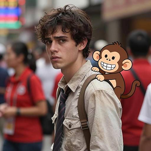 Concerned Young Man with Cartoon Monkey