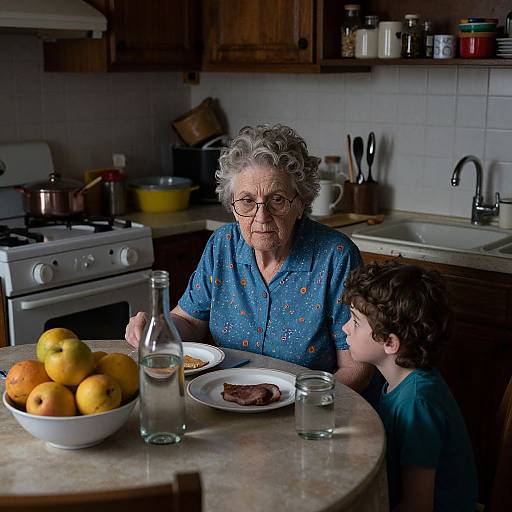 Photograph of an elderly woman with curly gray hair in a blue patterned shirt, sitting at a kitchen table with a young boy, both eating,