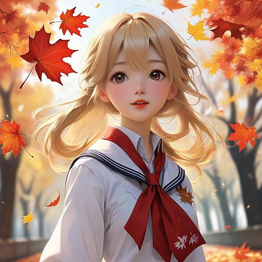 Digital anime-style portrait of a blonde girl with large eyes, wearing a white sailor uniform with a red bow, surrounded by autumn leaves in a sunlit