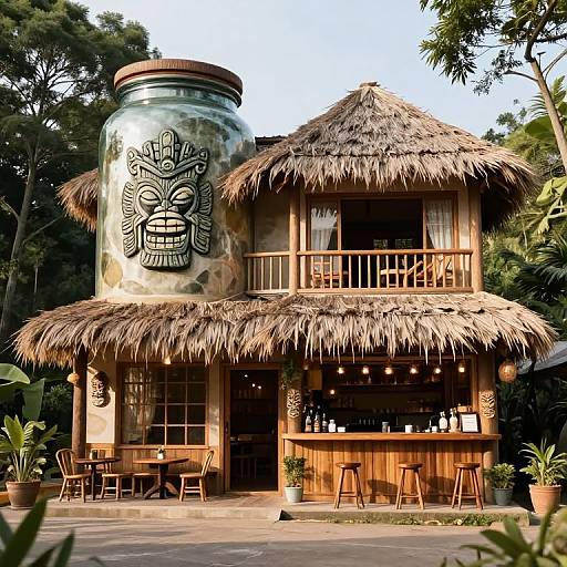 Photograph of a rustic, two-story tropical hut with a thatched roof, a large ceramic jar with a carved mask, and wooden bar area,