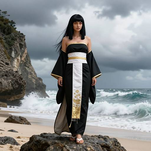 Asian woman in black and white traditional kimono with gold trim, standing on rocky beach, ocean waves, cloudy sky, dramatic background.