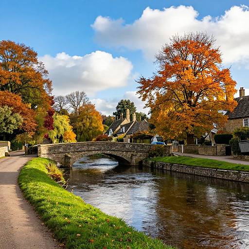 Photograph of a picturesque autumn scene with a stone bridge crossing a calm river, vibrant orange and red leaves, and quaint houses under a blue sky with